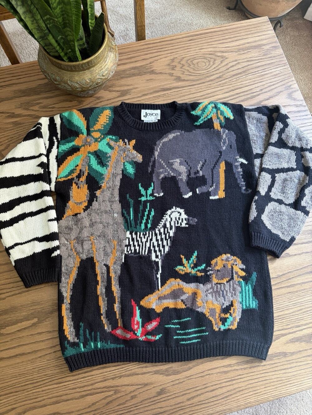 Vintage Sweater Jungle Animal Cotton Crew Neck Sweater Giraffe Zebra Elephant M